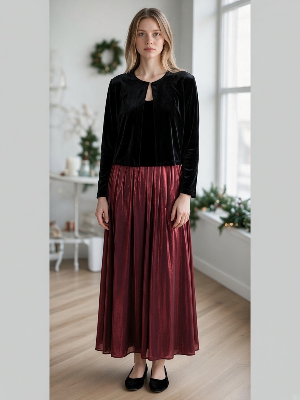 Coldwater Creek Black Velvet Bolero with Wine Red Pleated Maxi Dress